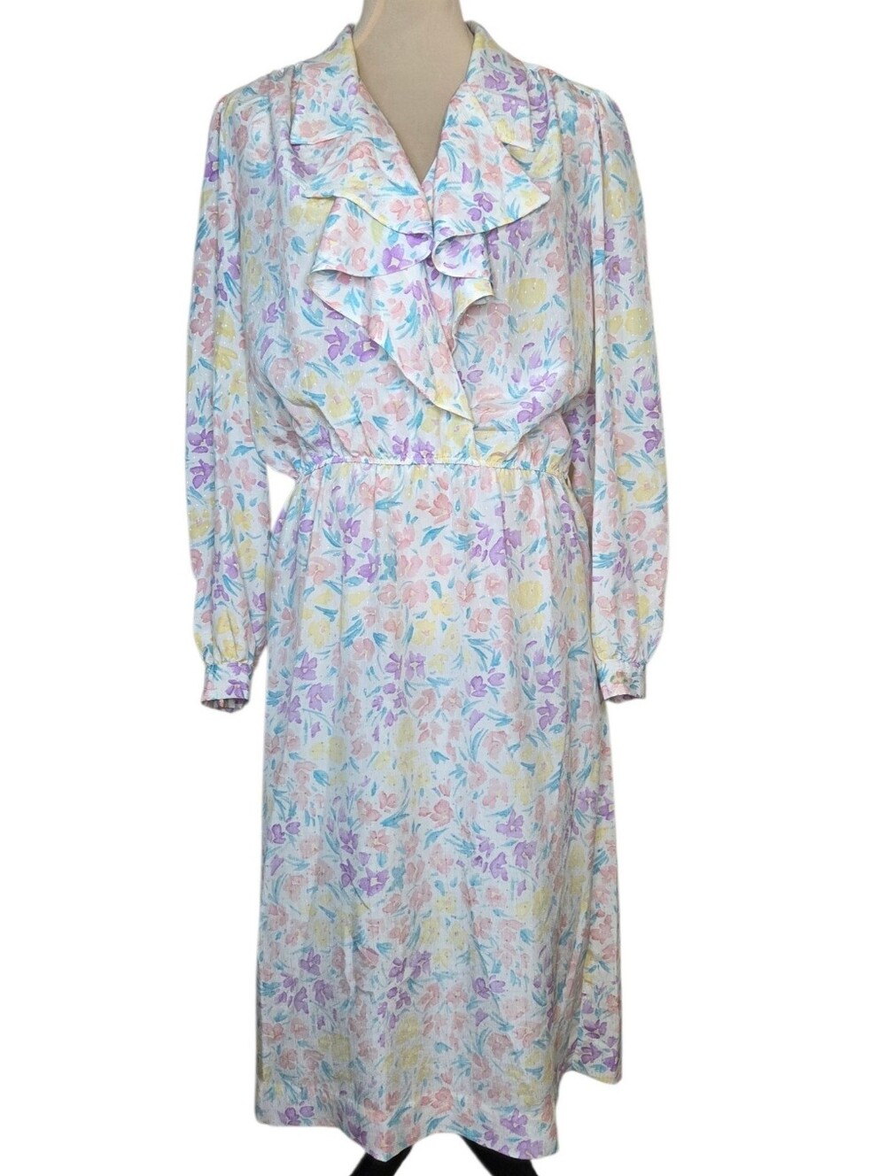 Vintage Schrader Sport Floral Ruffle Dress Midi Pastel Secretary Dress USA